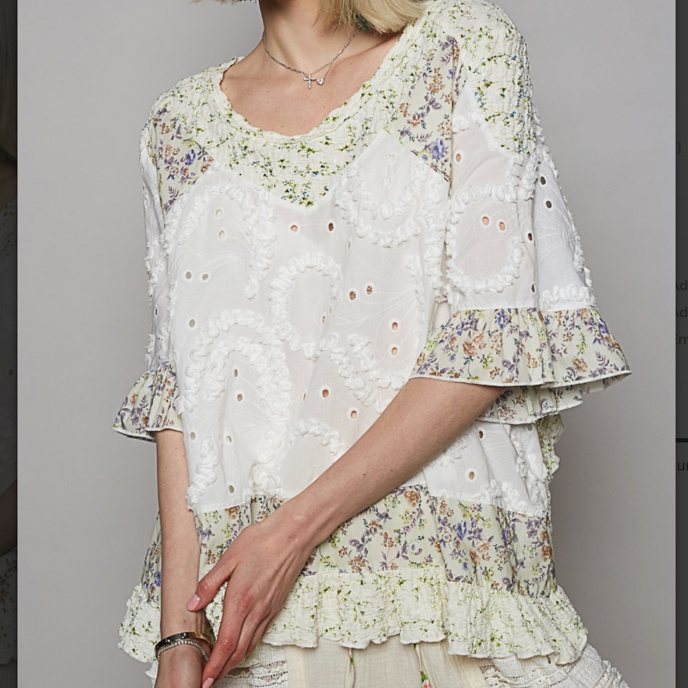 POL Floral Lace Blouse - White and Cream